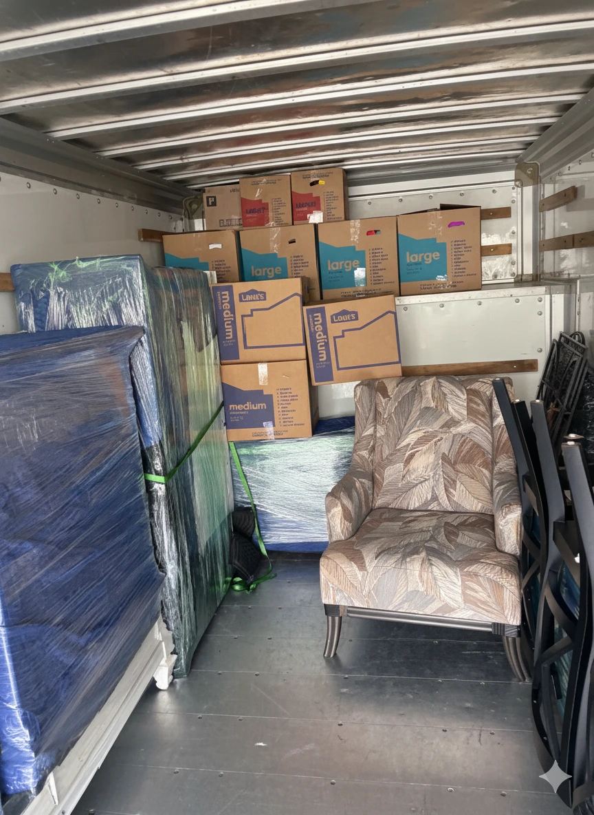 Stacked boxes and protected arm chair.