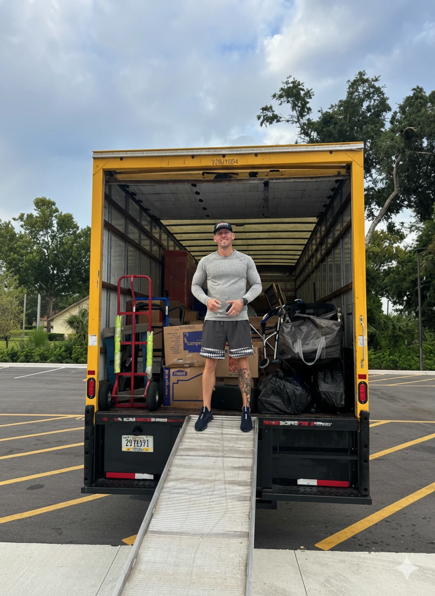 Mover standing by loaded moving truck.