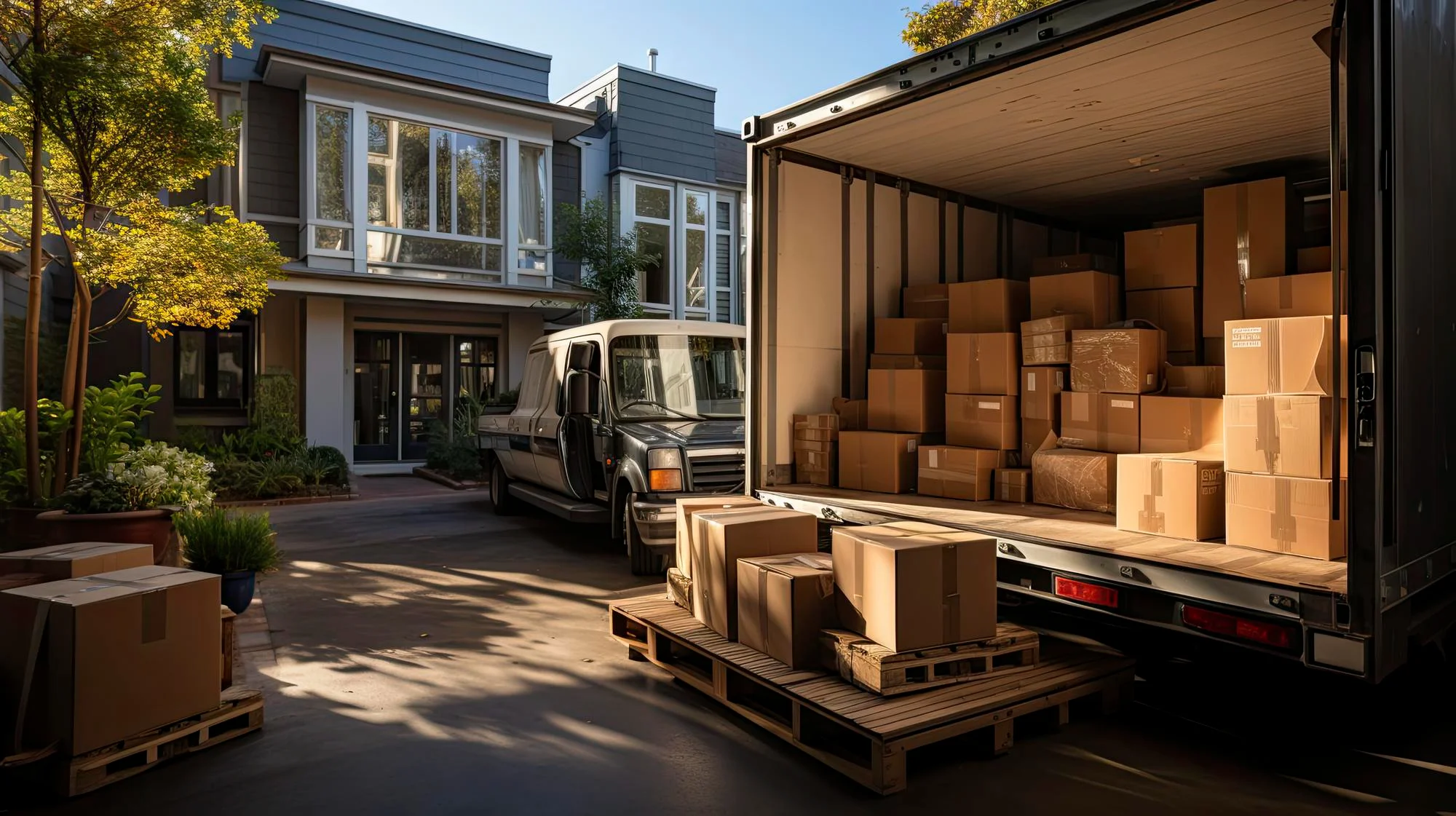 Boxes inside open transport truck.
