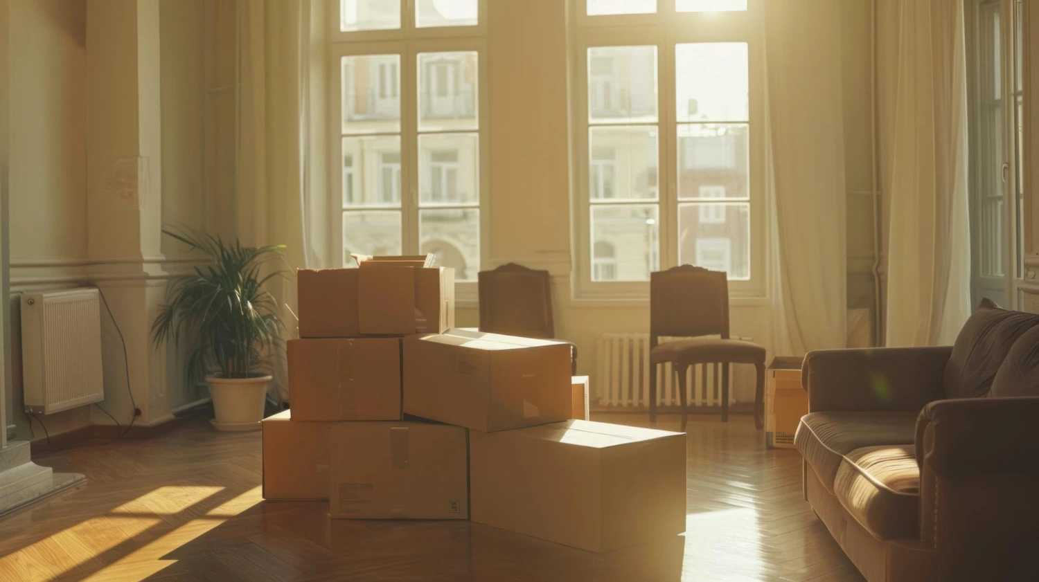 Stacked moving boxes in room.