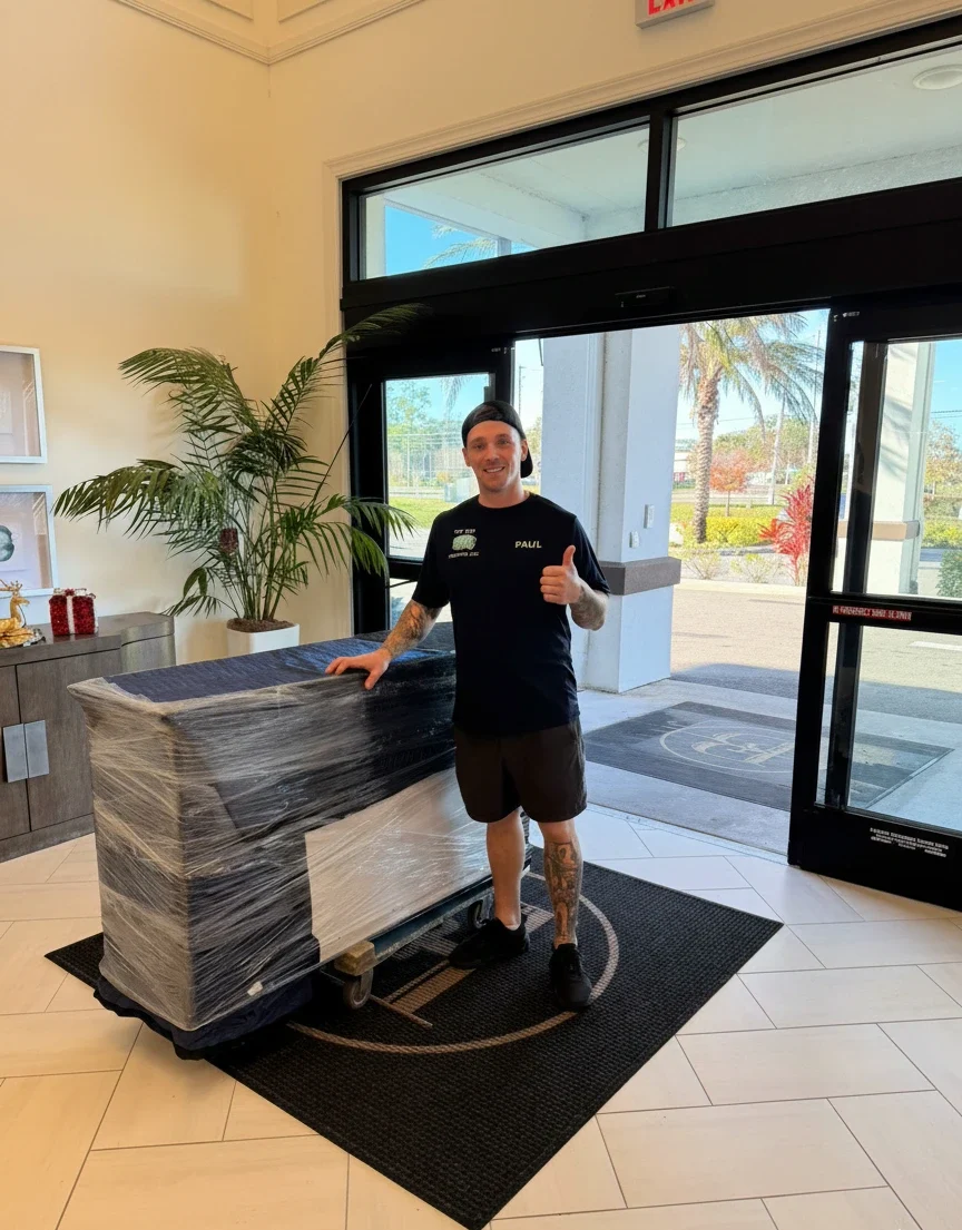 Professional mover with wrapped furniture.