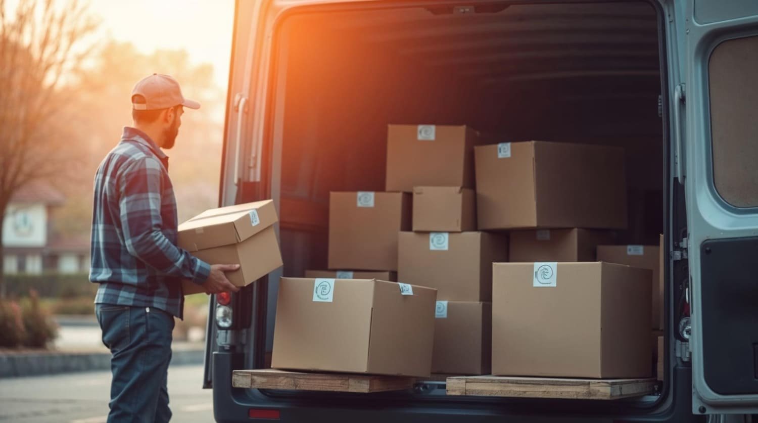 men in front of truck full of boxes